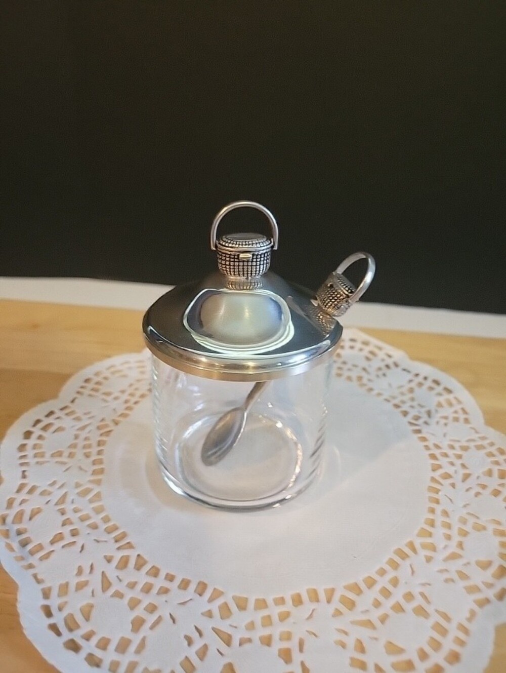 Woodbury Pewter Jam Jar Basket theme With Matching Spoon 4"
